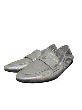 Tory Burch Silver Metallic Loafers Flats Slip-On Shoes 9